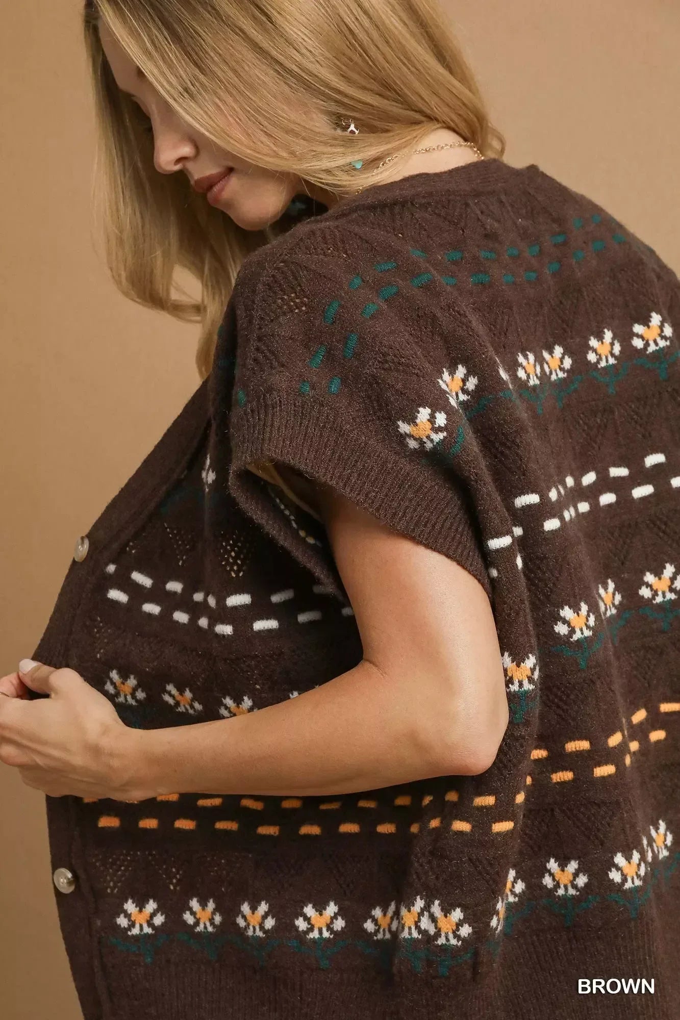 Umgee Button-Down Knit Vest with Floral Pattern - DAVERRI FASHIONS