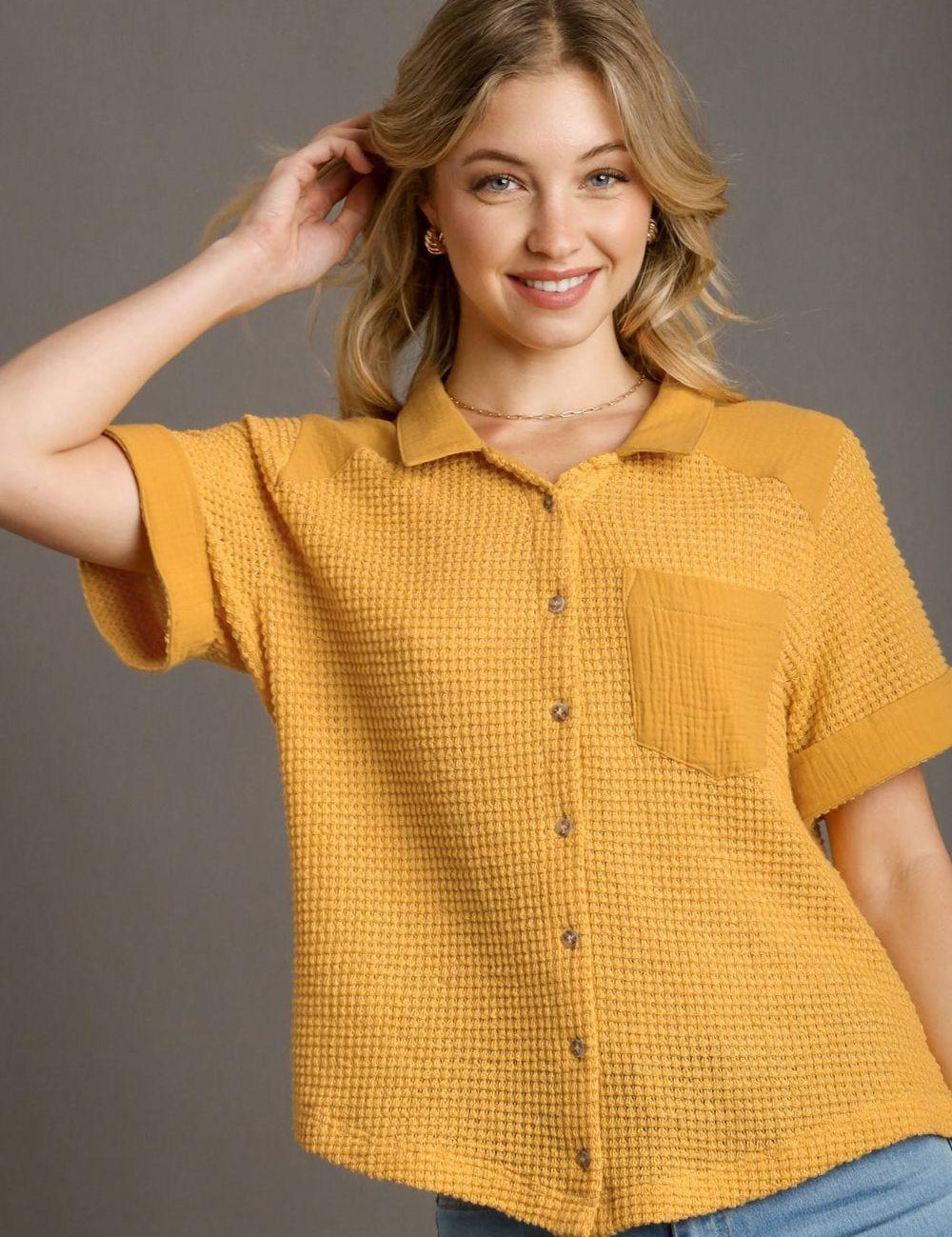 Yellow Umgee Full Size Waffle-Knit Short Sleeve Button Down Shirt Plus Size | Daverri Fashions