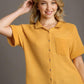 Umgee Full Size Waffle-Knit Short Sleeve Button Down Shirt Plus Size Yellow