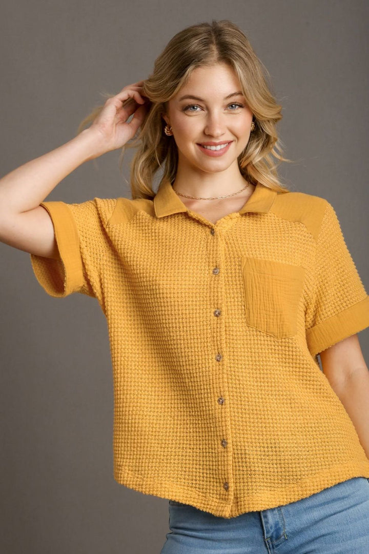 Umgee Full Size Waffle-Knit Short Sleeve Button Down Shirt Plus Size Yellow