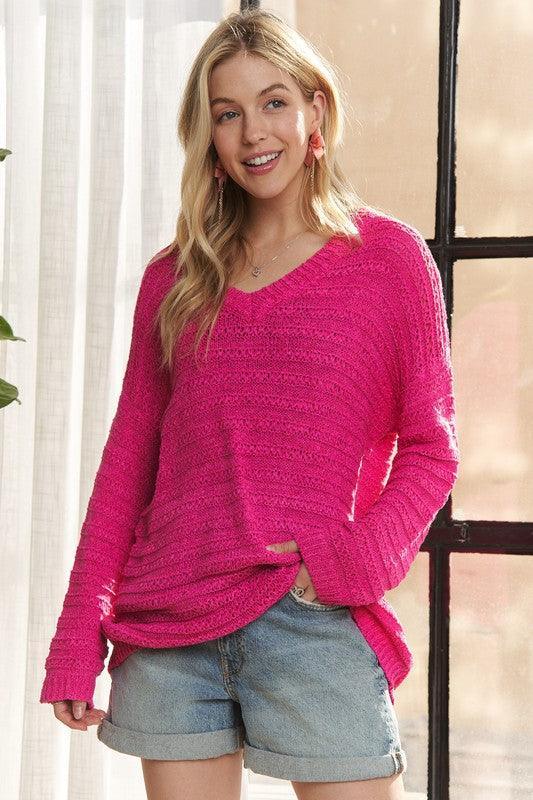 ADORA V-Neck Drop Shoulder Long Sleeve Sweater - DAVERRI FASHIONS