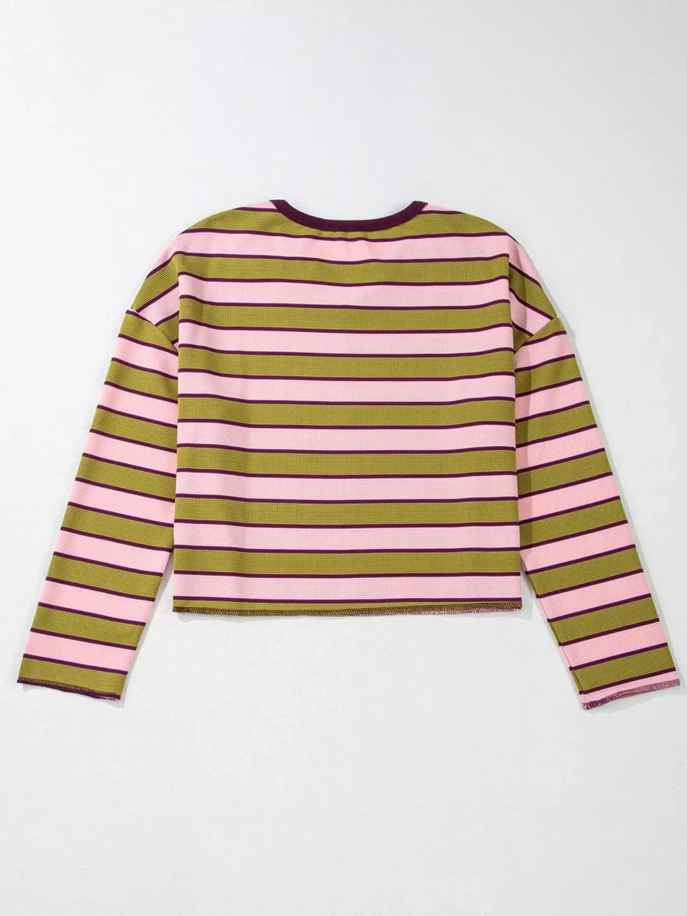Daverri Fashions Striped Waffle Texture Notched Neck Long Sleeve Top - DAVERRI FASHIONS