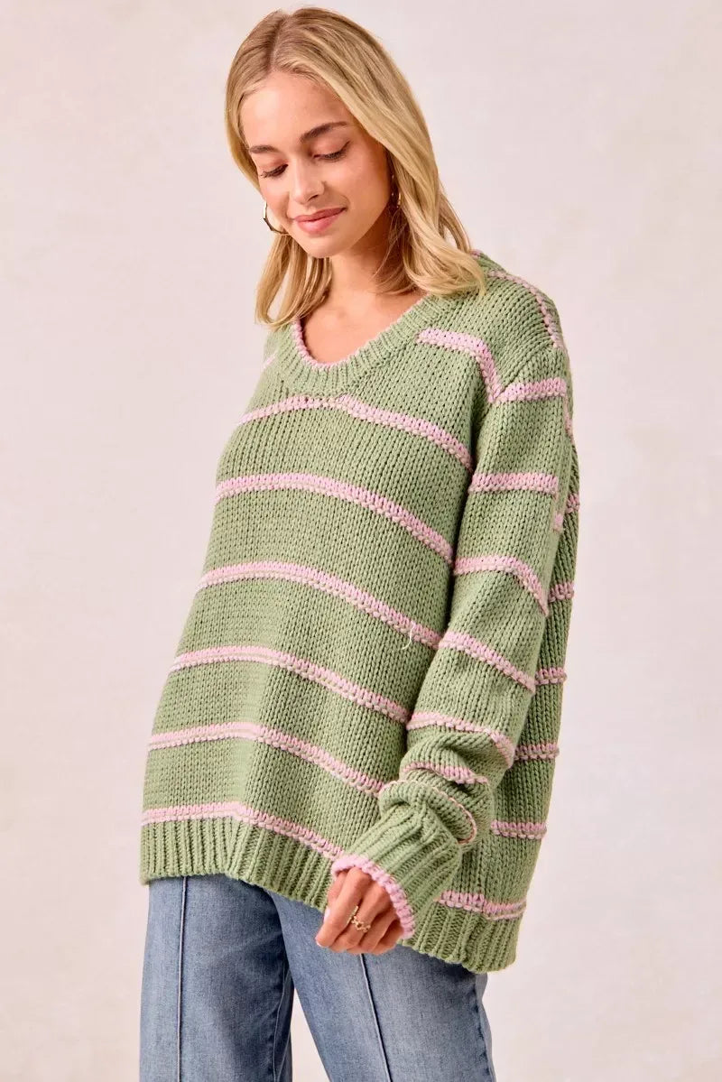 BiBi Striped Long Sleeve Sweater - DAVERRI FASHIONS