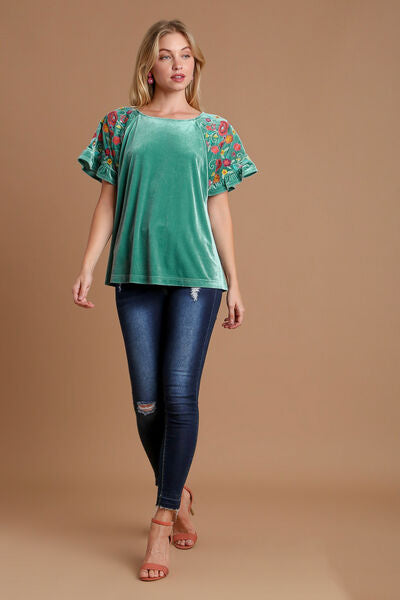 Umgee Velvet Embroidery Short Sleeve Blouse