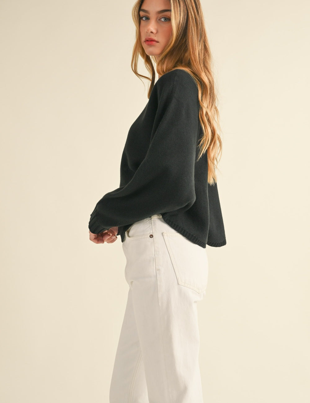 Mable Round Neck Dolman Sleeve Cropped Sweater Tops