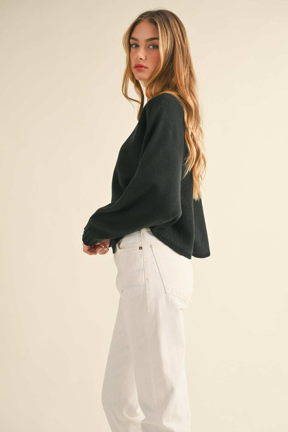 Mable Round Neck Dolman Sleeve Cropped Sweater Tops