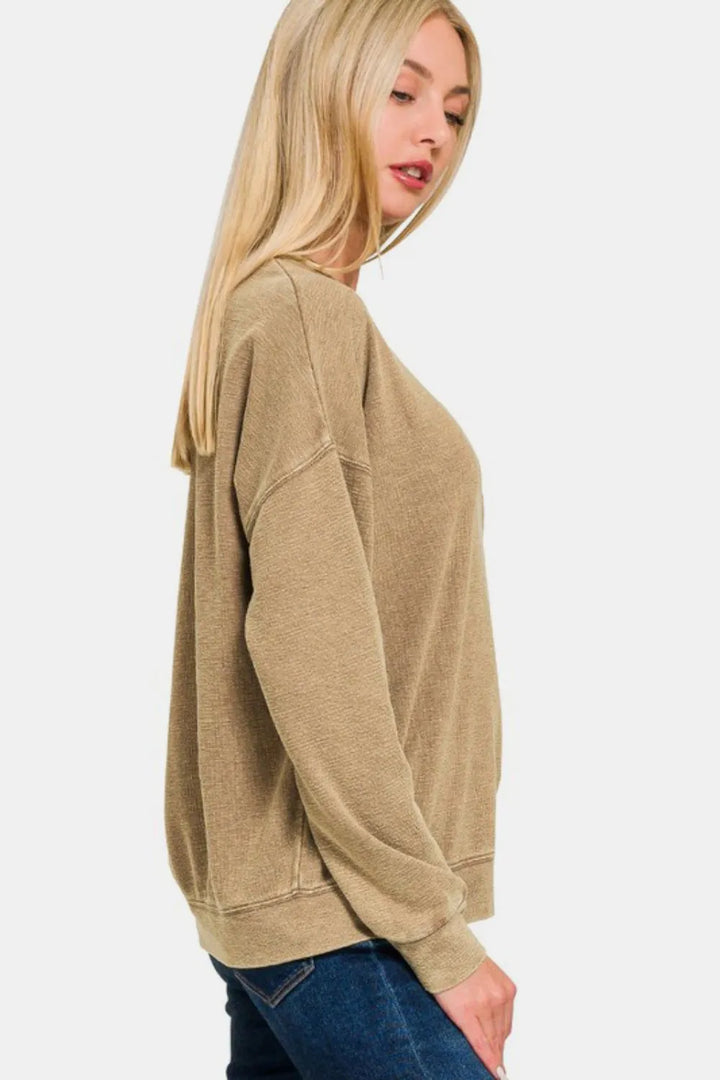 Zenana Washed Round Neck Dropped Shoulder Sweatshirt Sweatshirts