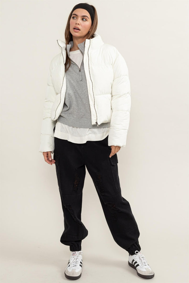 Quilted Back Drawstring Puffer Jacket Tops