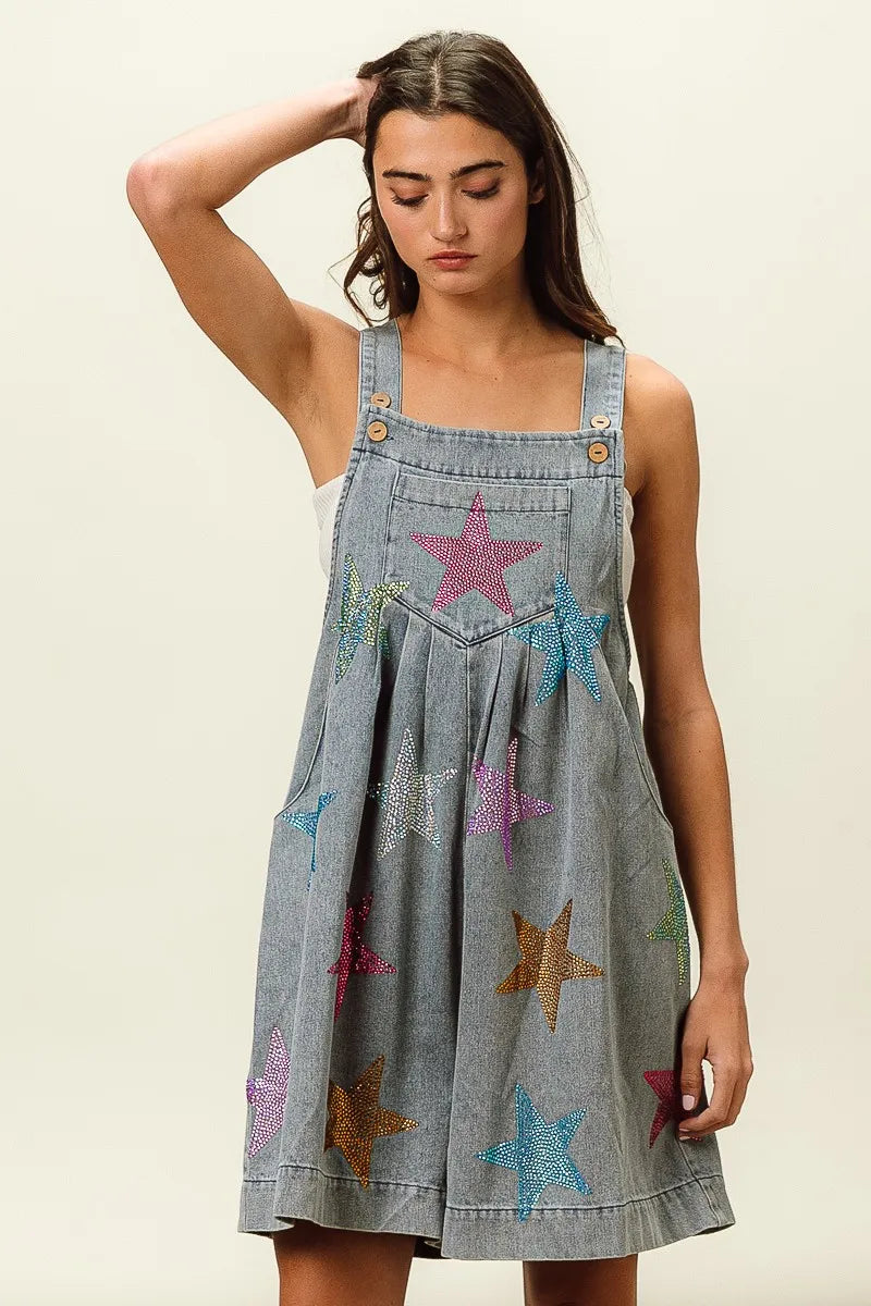 BiBi Star Rhinestone Washed Wide Leg Shortalls Shortalls