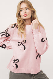 Light Pink Bow Pattern Knitted Loose Fit Sweater | Sweaters Daverri Fashions
