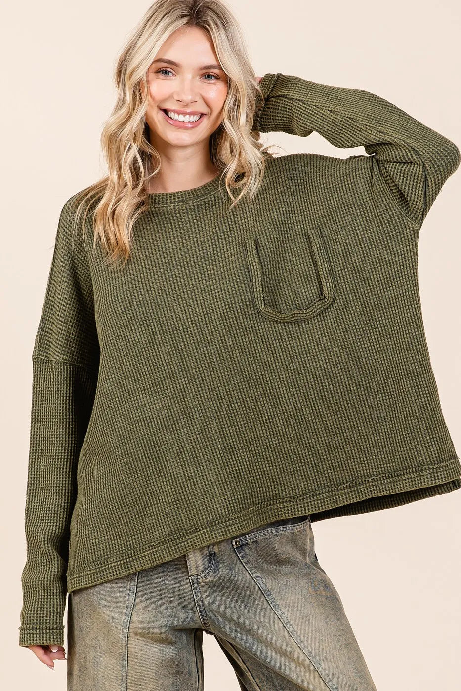 Mittoshop Mineral Wash Cutout Pocket Long Sleeve Waffle Top | Tops Daverri Fashions
