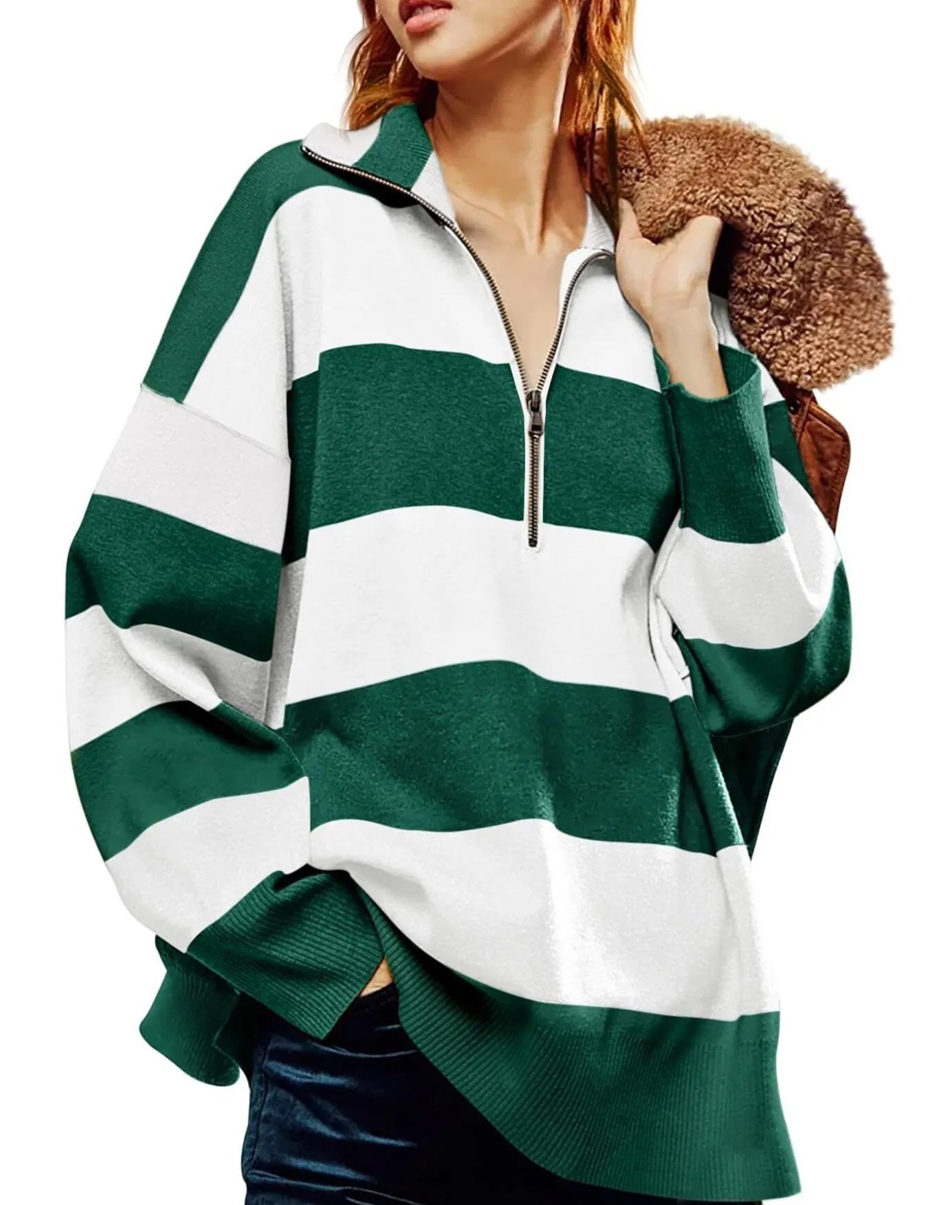 Green Striped Half-Zip Oversized Sweatshirt | Sweatshirts Daverri Fashions