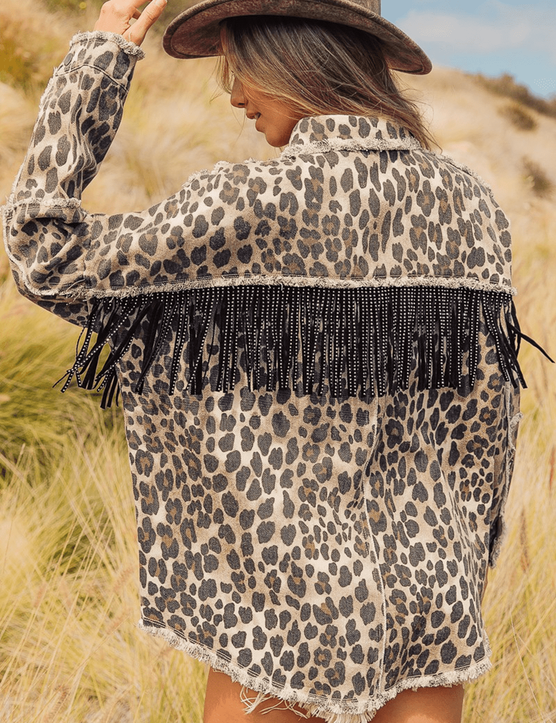 Leopard Fringe Detail Collared Neck Denim Jacket | Denim Jackets Daverri Fashions