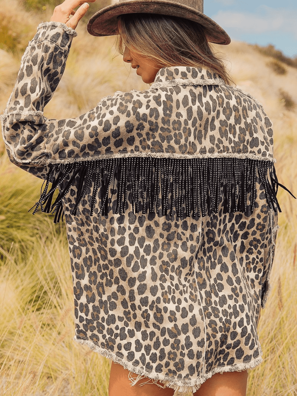 Leopard Fringe Detail Collared Neck Denim Jacket | Denim Jackets Daverri Fashions
