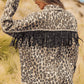 Leopard Fringe Detail Collared Neck Denim Jacket - DAVERRI FASHIONS