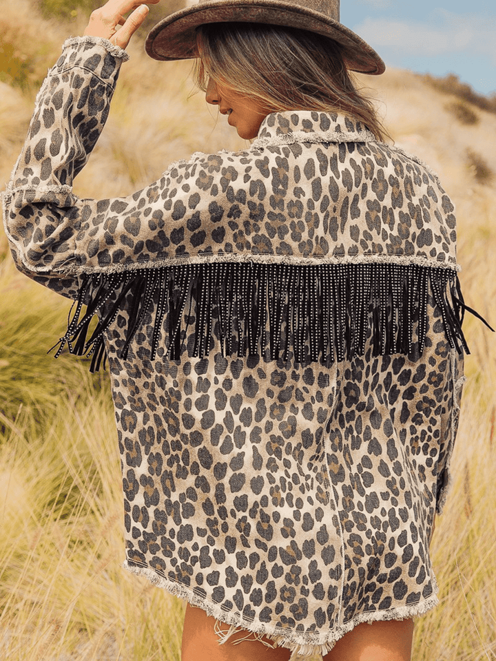 Leopard Fringe Detail Collared Neck Denim Jacket | Denim Jackets Daverri Fashions