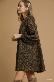 Umgee Leopard Print Long Sleeve Swing Dress | Mini Dresses Daverri Fashions