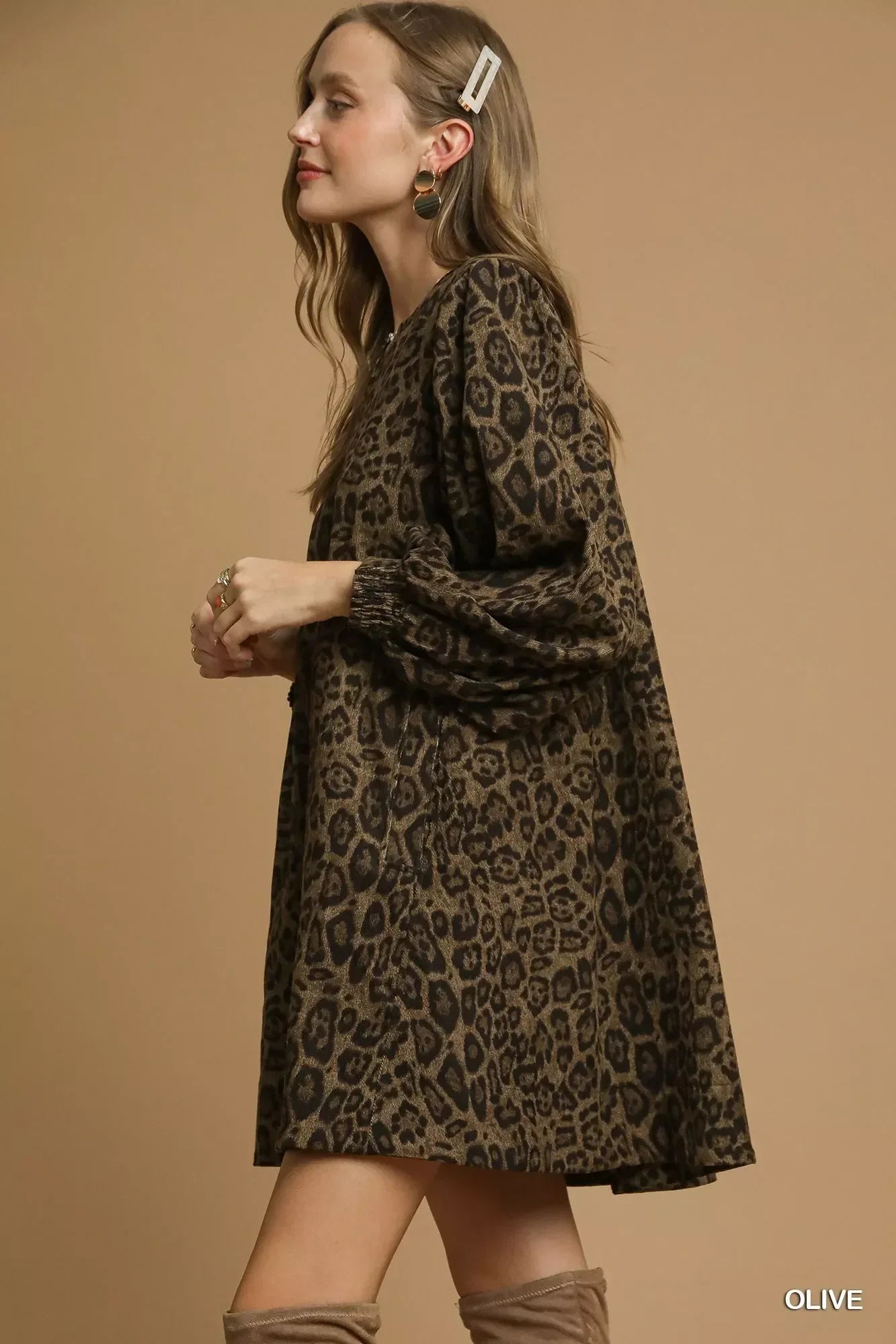 Umgee Leopard Print Long Sleeve Swing Dress - DAVERRI FASHIONS