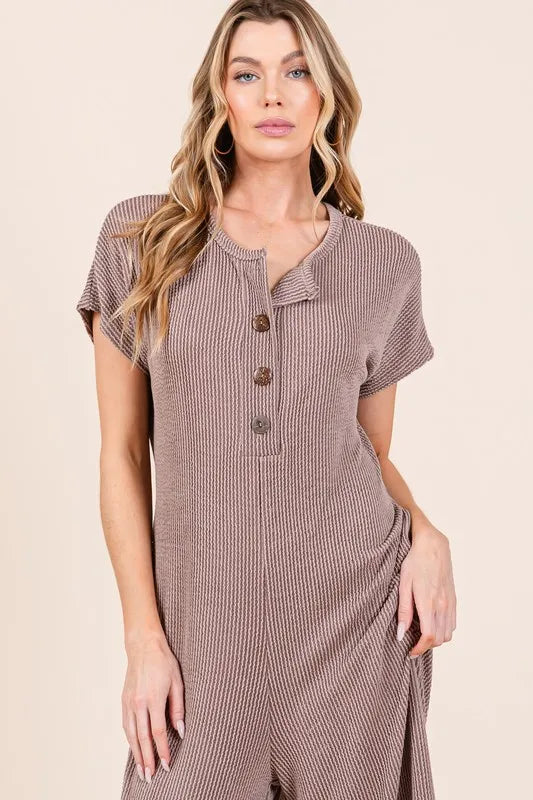 BOMBOM Rib Knit Jumpsuit with Button Detail