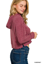 Drop Shoulder Ribbed Crop Hoodie Cabernet | Hoodies Daverri Fashions