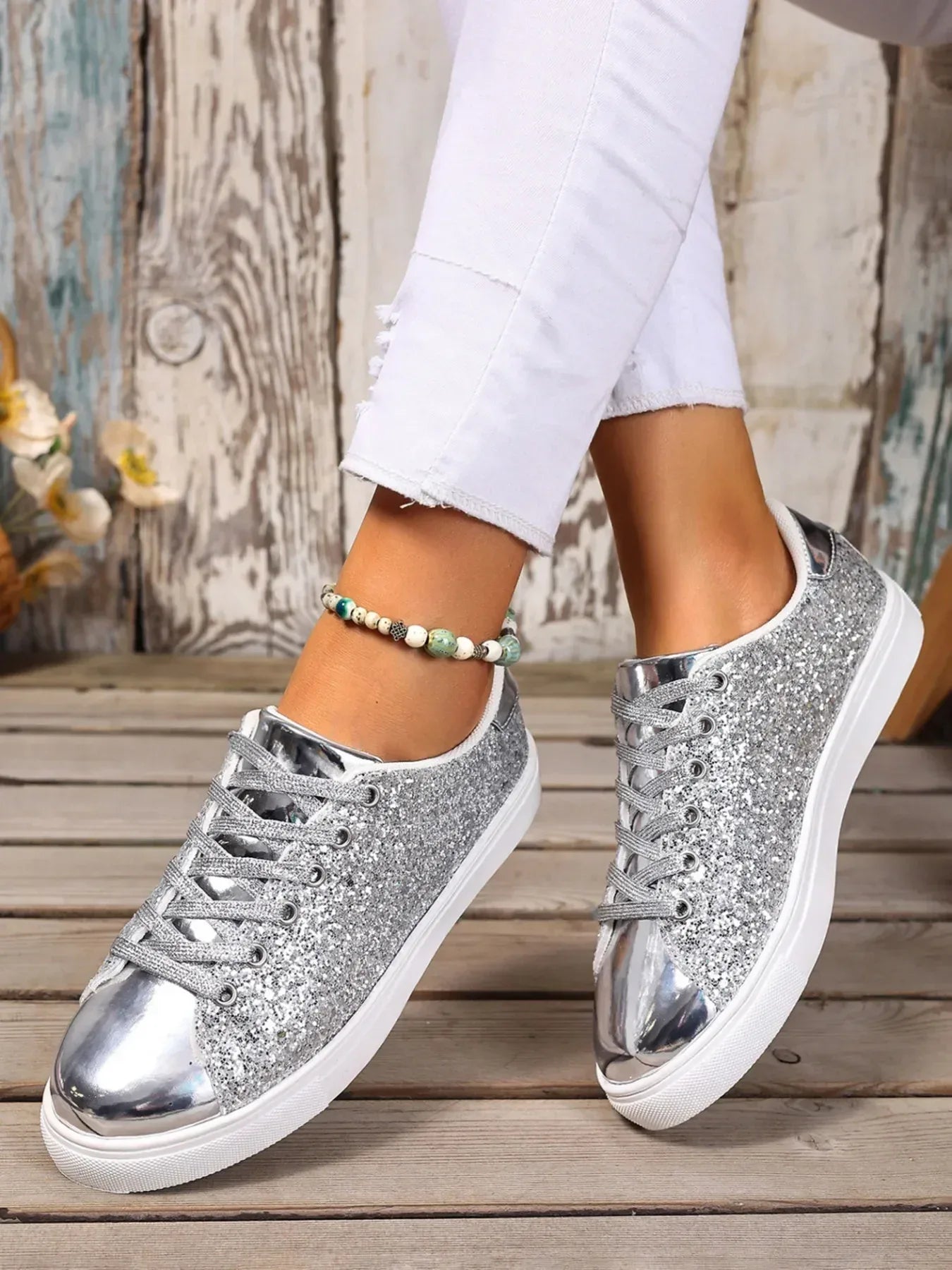 Sequin Lace Up Sneakers - DAVERRI FASHIONS
