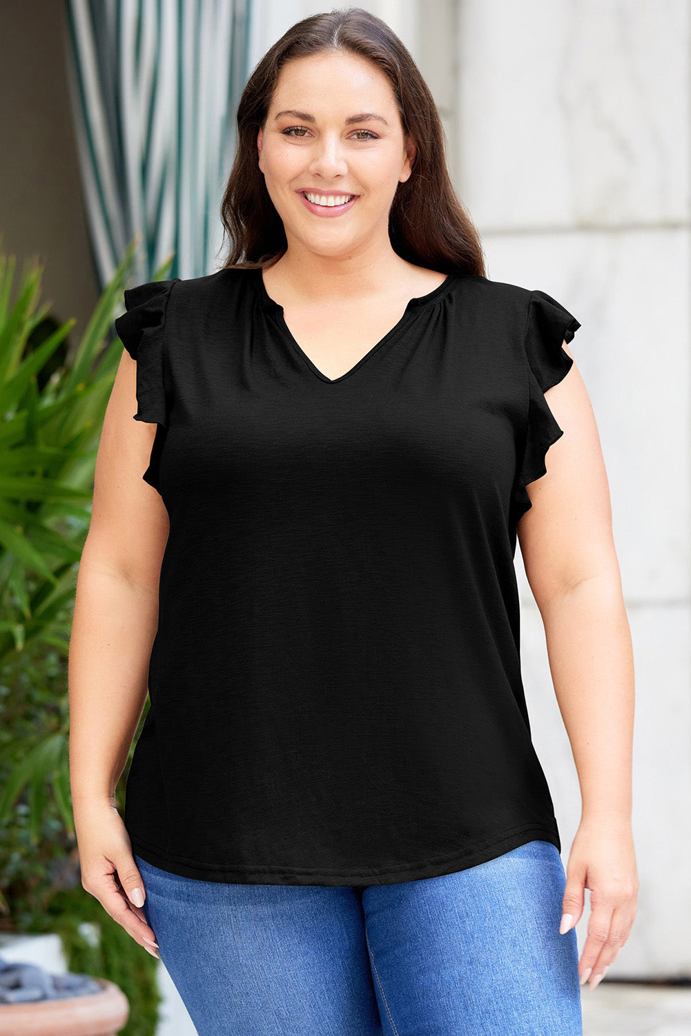Black Plus Size Flutter Sleeve Notched Blouse | Blouses Daverri Fashions