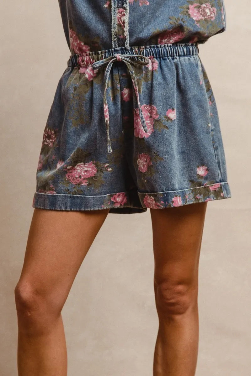 DENIM BiBi Floral Printed Denim Short Pants With Pocket | Denim Shorts Daverri Fashions
