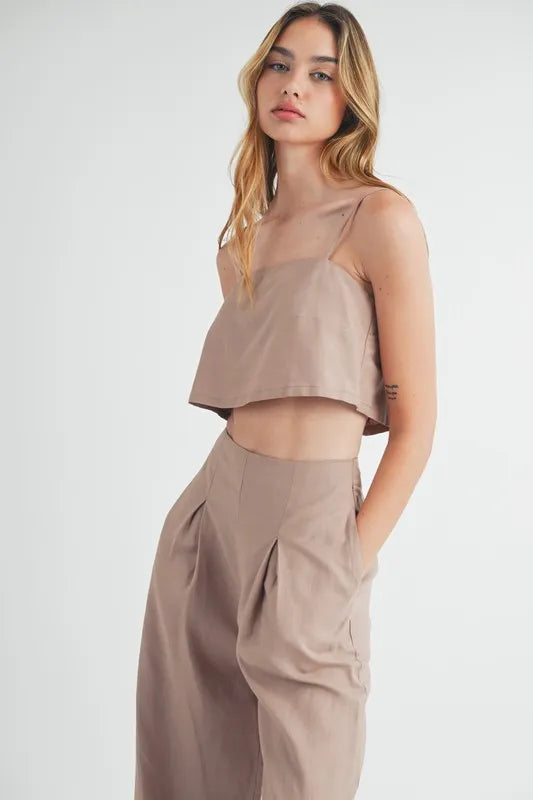 MABLE Linen Mix Crop Cami and Wide Leg Pants Set Outfit Sets