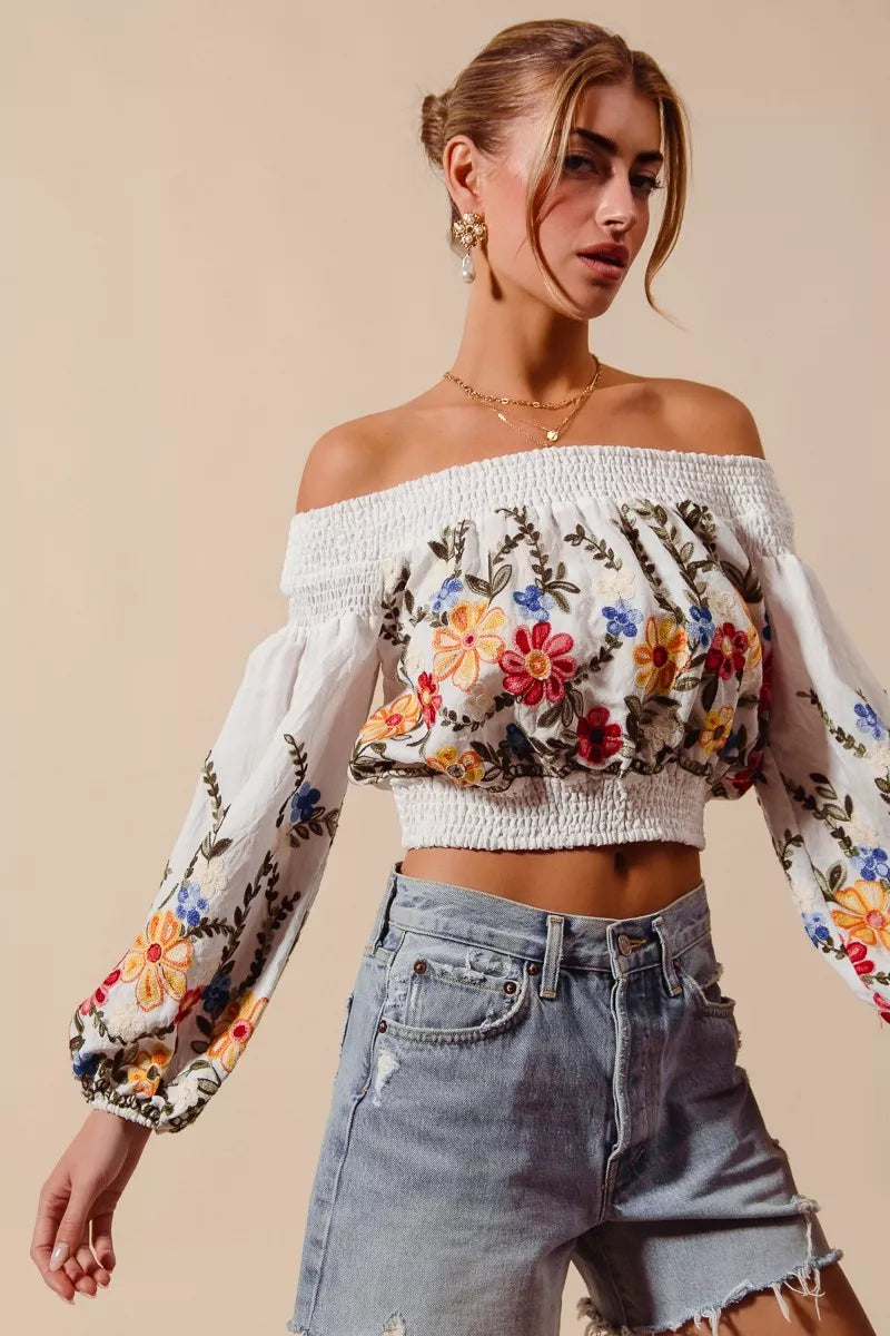 SO ME floral embroidered off-shoulder long-sleeve crop top