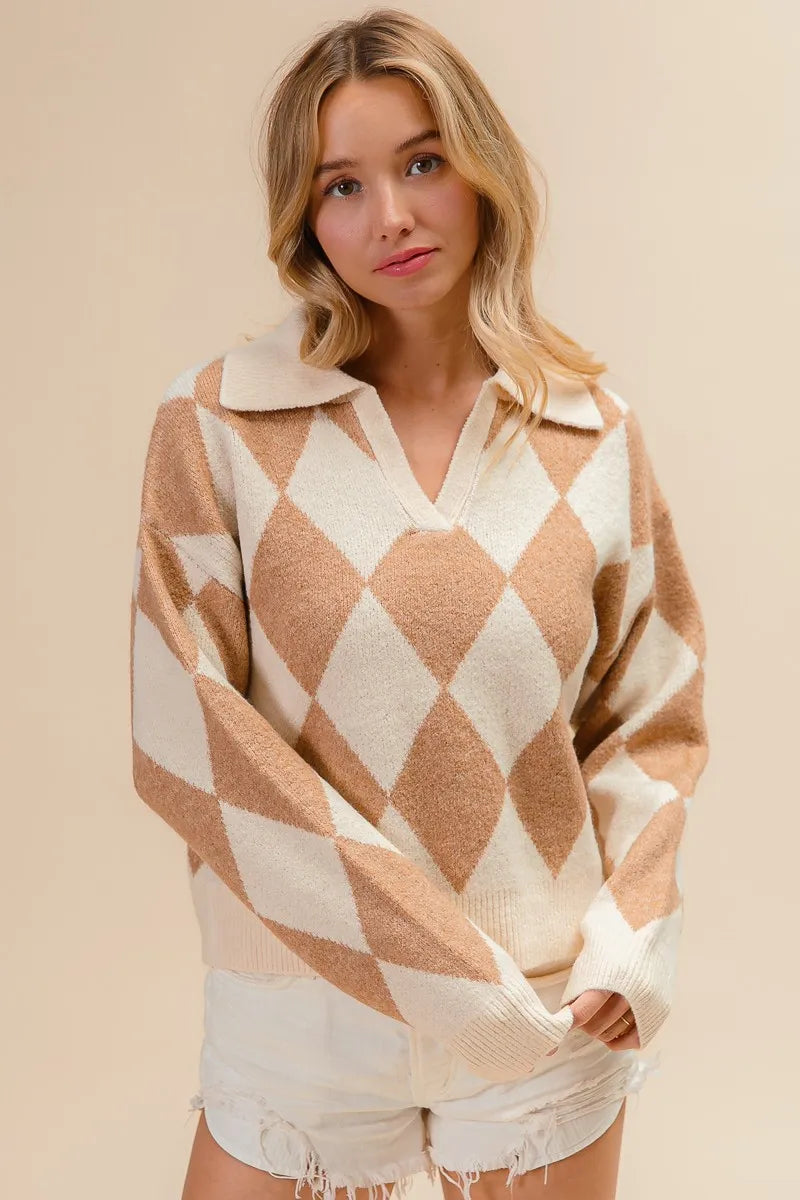 BiBi Diamond Pattern Collared Notch Neck Sweater Sweaters