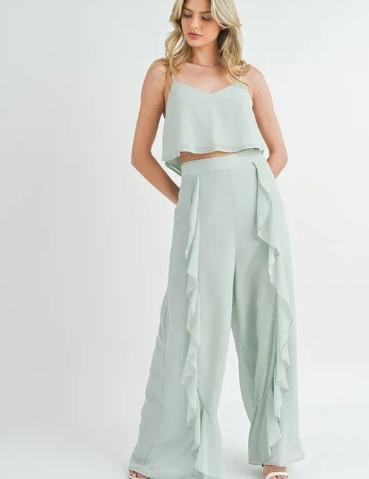 Lt Mint MABLE Crop Cami and Ruffled Wide Leg Pants Set | Outfit Sets Daverri Fashions