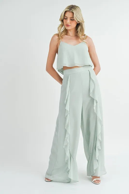 MABLE Crop Cami and Ruffled Wide Leg Pants Set Lt Mint Outfit Sets