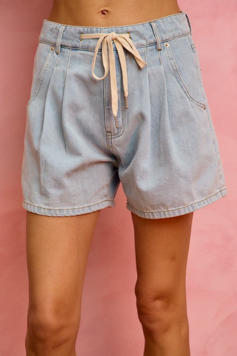 SO ME mid-rise light-wash denim shorts with cotton tape drawstring