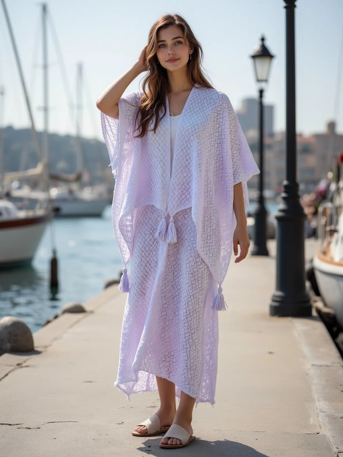 Delicate lavender lace Daverri cover-up with openwork tassel gradient details