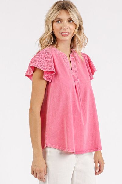 Mittoshop Mix Media Ruffle Short Sleeve Mineral Wash Top Tops