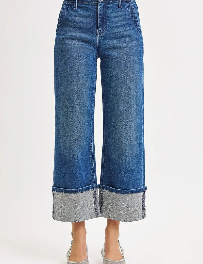 RISEN High Rise Ankle Wide Rhine Stone Cuffed Jeans | Jeans Daverri Fashions
