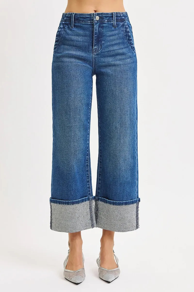 RISEN High Rise Ankle Wide Rhine Stone Cuffed Jeans | Jeans Daverri Fashions