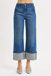 RISEN High Rise Ankle Wide Rhine Stone Cuffed Jeans | Jeans Daverri Fashions
