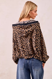 BiBi Leopard Print Waffle Half Zip Up Hoodie W Pocket | Hoodies Daverri Fashions