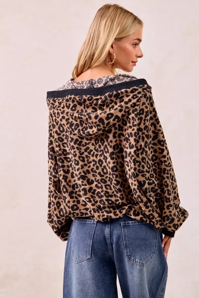 BiBi Leopard Print Waffle Half Zip Up Hoodie W Pocket - DAVERRI FASHIONS