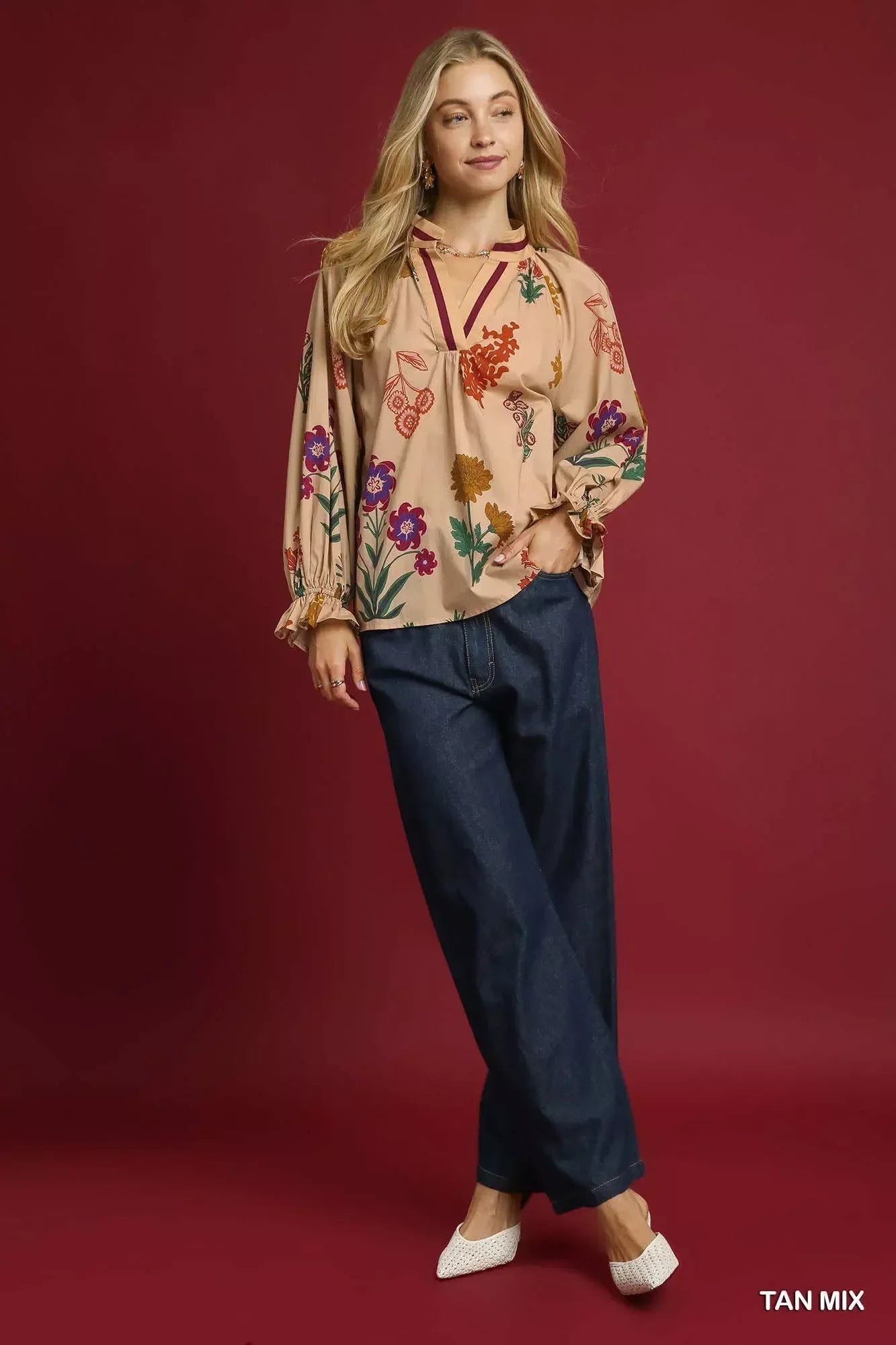 Umgee Floral Print Flounce Sleeve Blouse - DAVERRI FASHIONS
