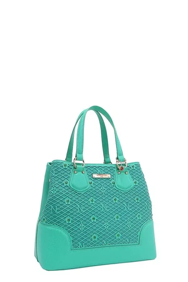 Monogram Pattern Handbag with Rhinestones Decor - DAVERRI FASHIONS