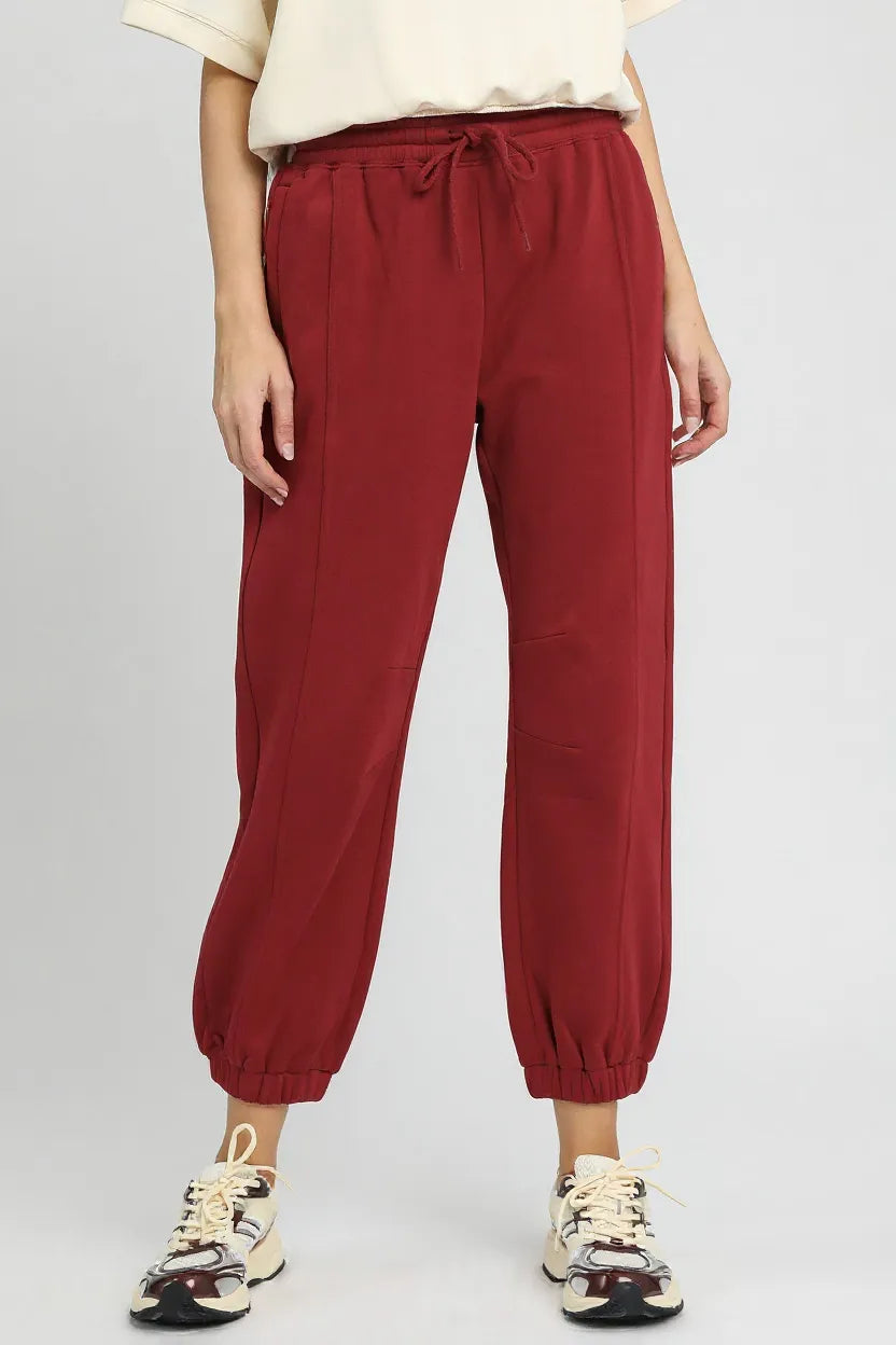 BURGUNDY Umgee Fleece Jogger Pants with Drawstring Burgundy | Joggers Daverri Fashions