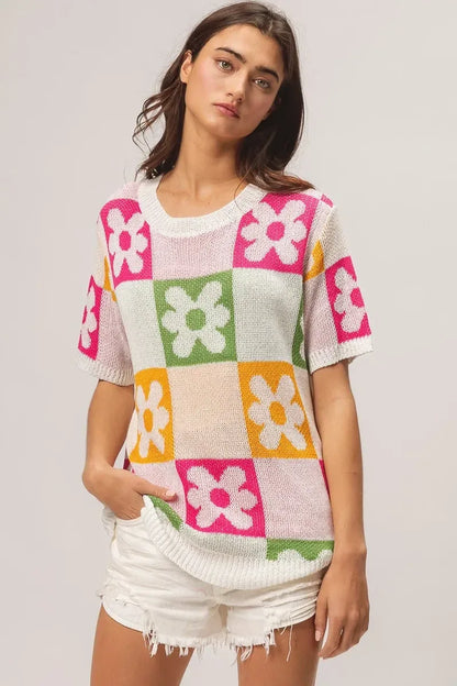 BiBi Flower Checker Pattern Lightweight Sweater Top - DAVERRI FASHIONS