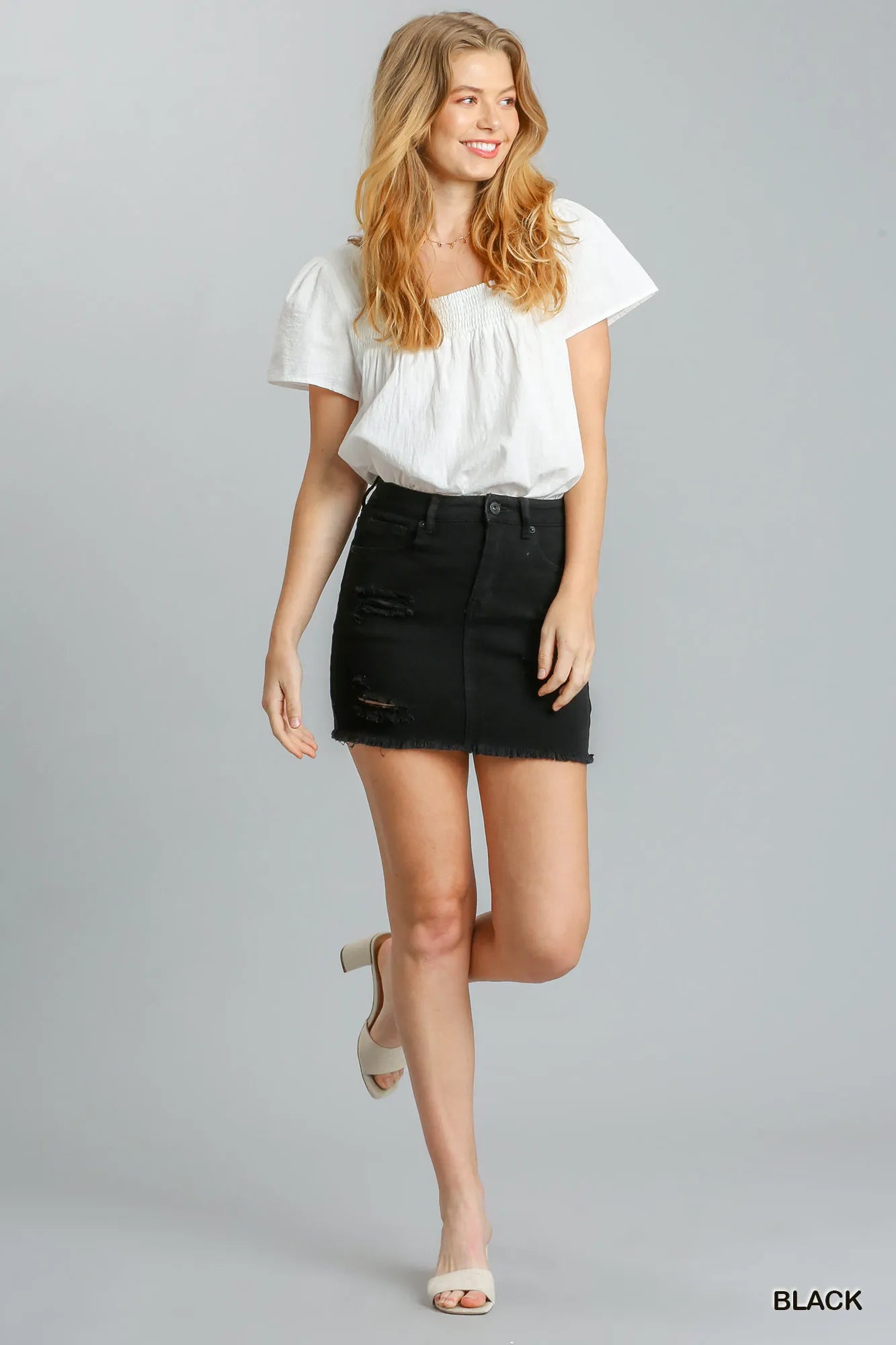 Umgee Distressed Raw Hem High Waist Denim Skirt | Daverri Fashions