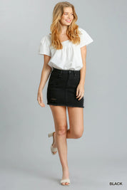 Umgee Distressed Raw Hem High Waist Denim Skirt | Daverri Fashions