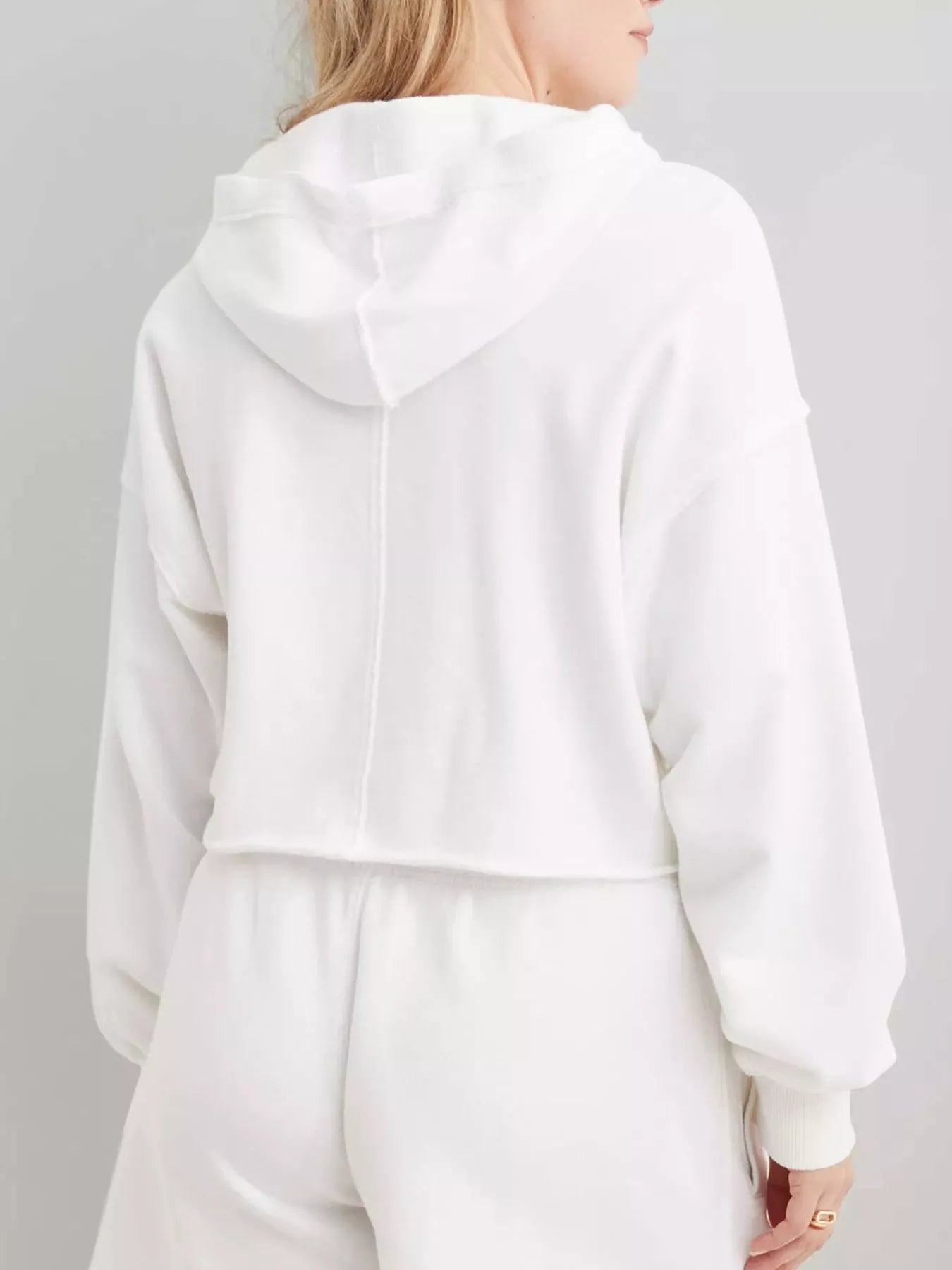 White Exposed Seam Dropped Shoulder Cropped Hoodie back view