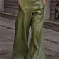 Daverri Fashions olive green faux leather high-waist wide-leg pants with gold belt buckle