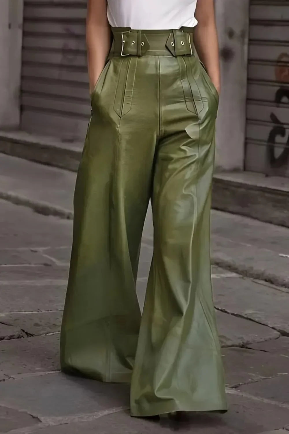 Daverri Fashions olive green faux leather high-waist wide-leg pants with gold belt buckle