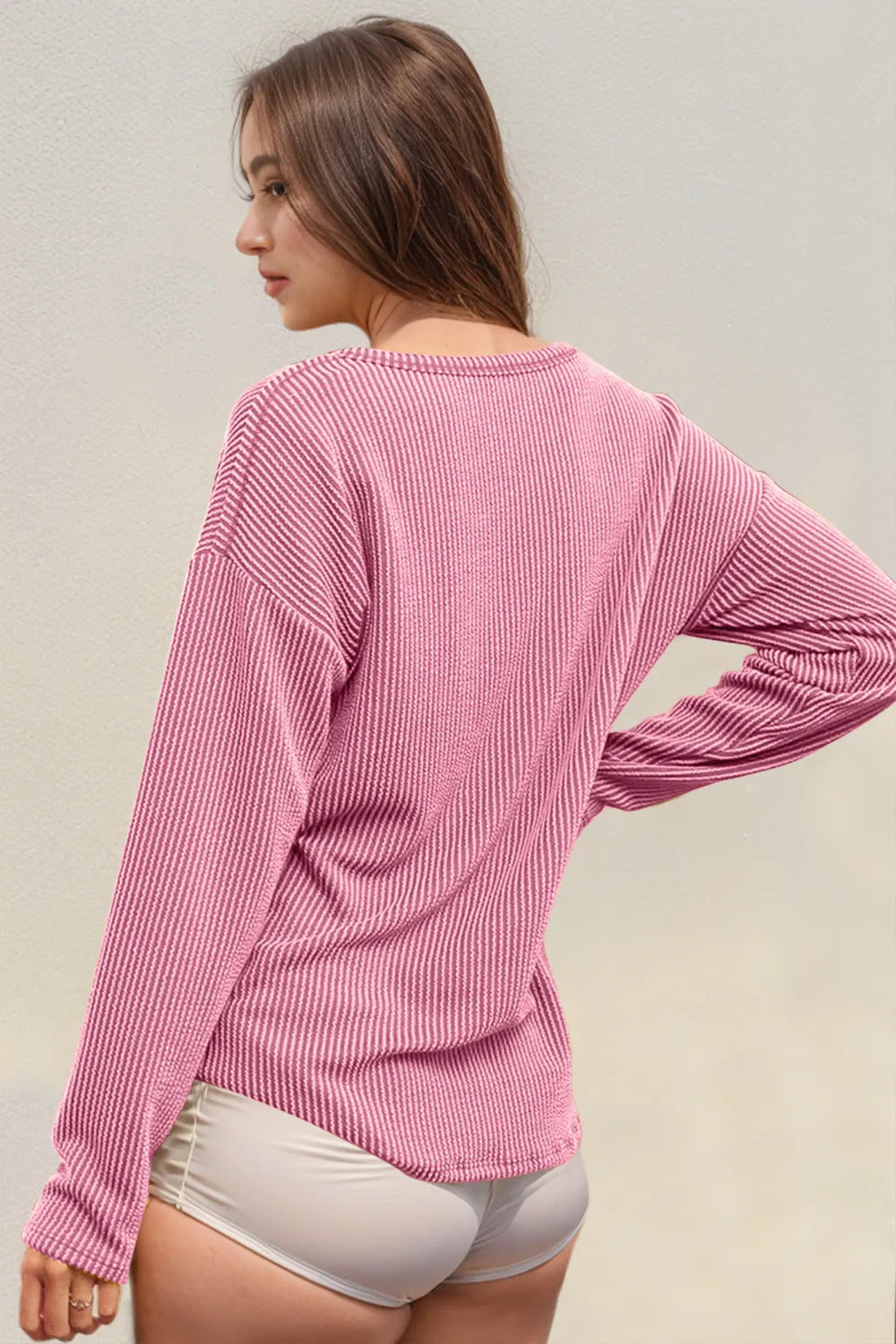 Double Take Striped Notched Long Sleeve T-Shirt | T-Shirts Daverri Fashions